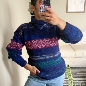 SKYR Navy Pink Fair Isle Shetland Wool Button Collar Knit Sweater